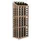 Wood wine bottle display rack with 52 compartments, light brown frame, top wine bottles