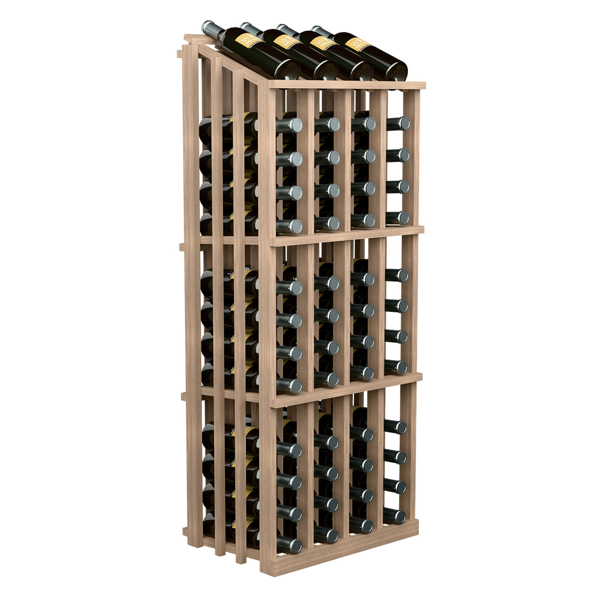 Wood wine bottle display rack with 52 compartments, light brown frame, top wine bottles