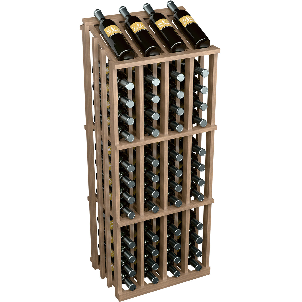Dark wood wine bottle display rack with 52 slots and metal bottle holders