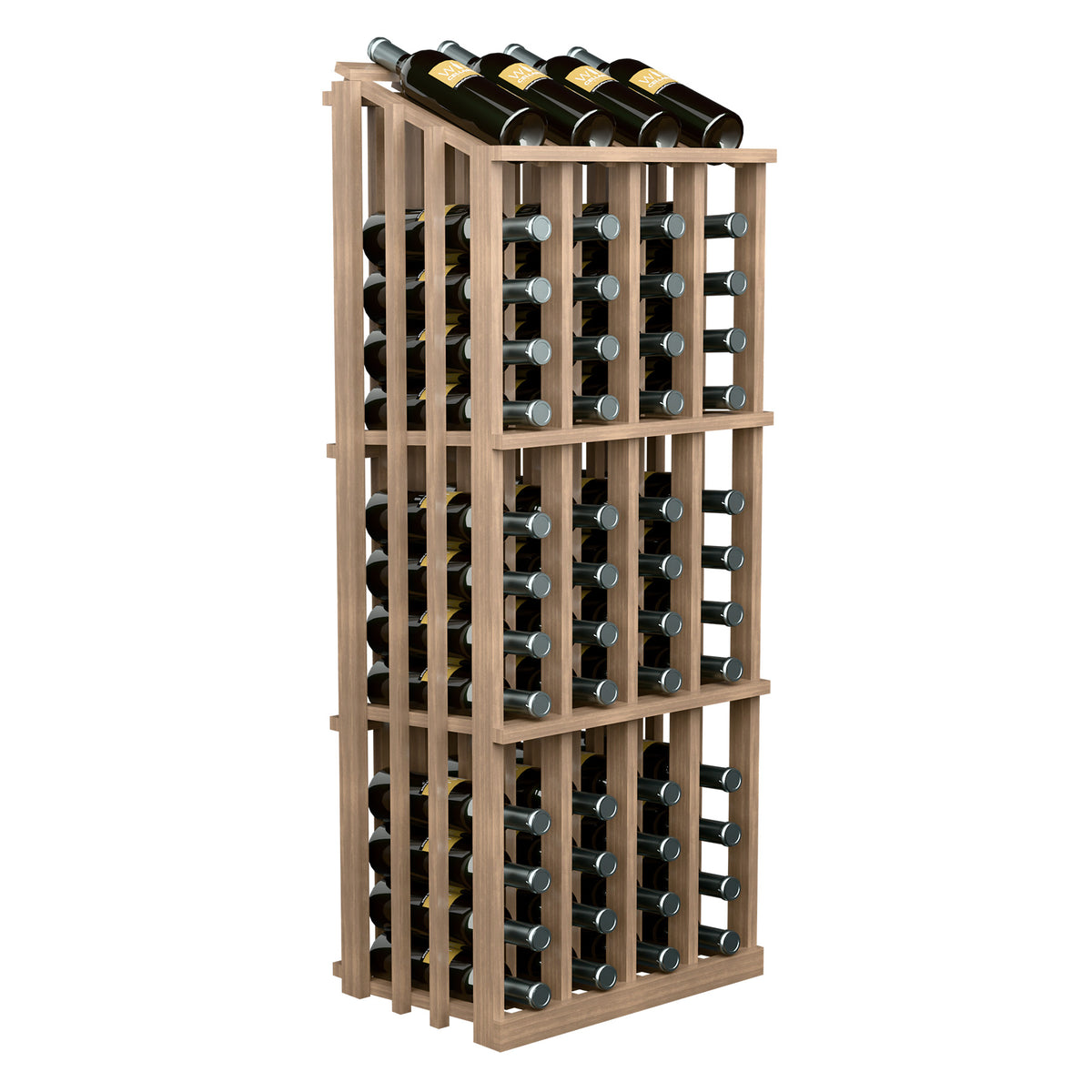 Light wood wine bottle display rack with 52 slots, grid shelves, and bottle holders
