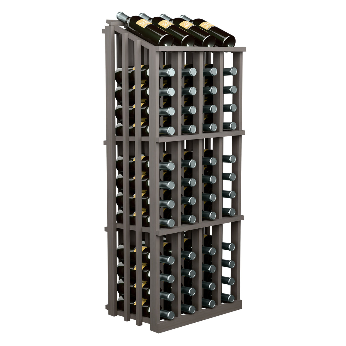 Wood wine bottle display rack with 52 slots, dark gray frame, glass holders