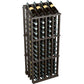 Dark wood wine bottle display rack with 52 bottle slots and front metal bottle holders