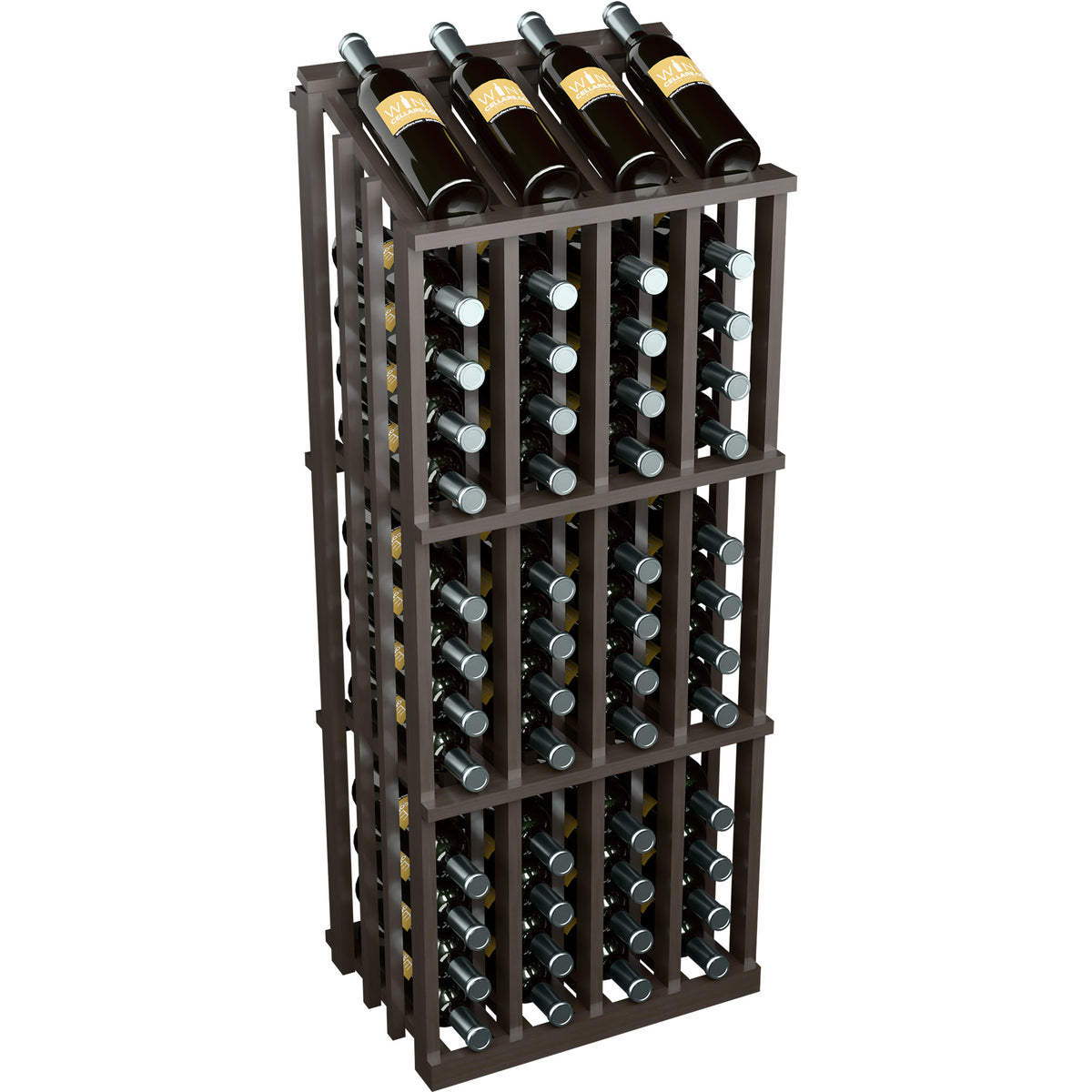 Dark wood wine bottle display rack with 52 bottle slots and front metal bottle holders