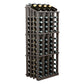 Dark wood wine bottle display rack with 52 slots, bottle-neck row and metal holders