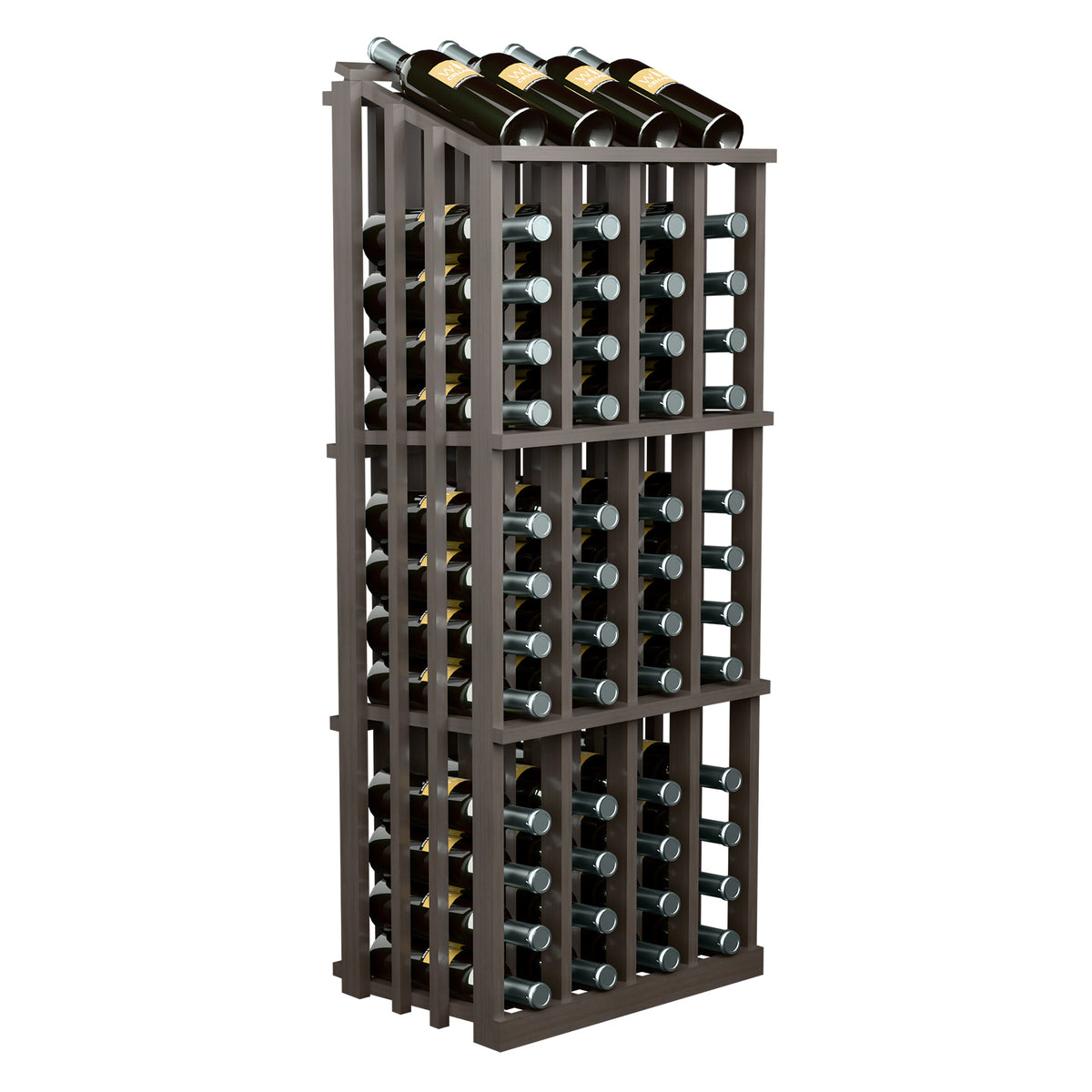 Dark wood wine bottle display rack with 52 slots, bottle-neck row and metal holders