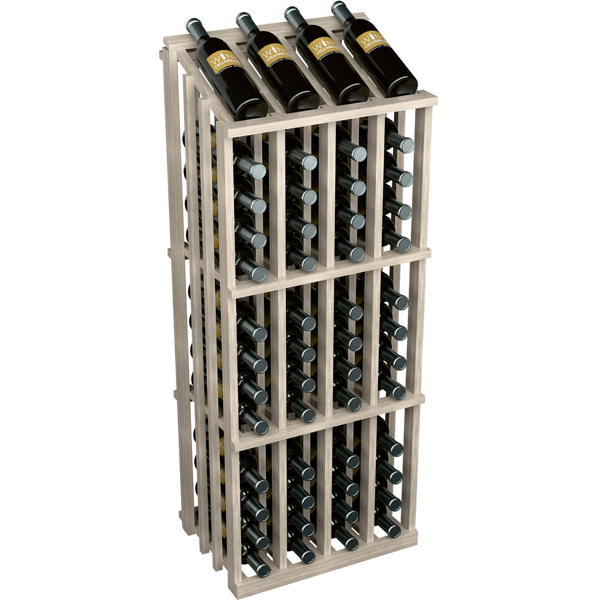Light wood wine bottle display rack with 52 slots, front view of bottle holders