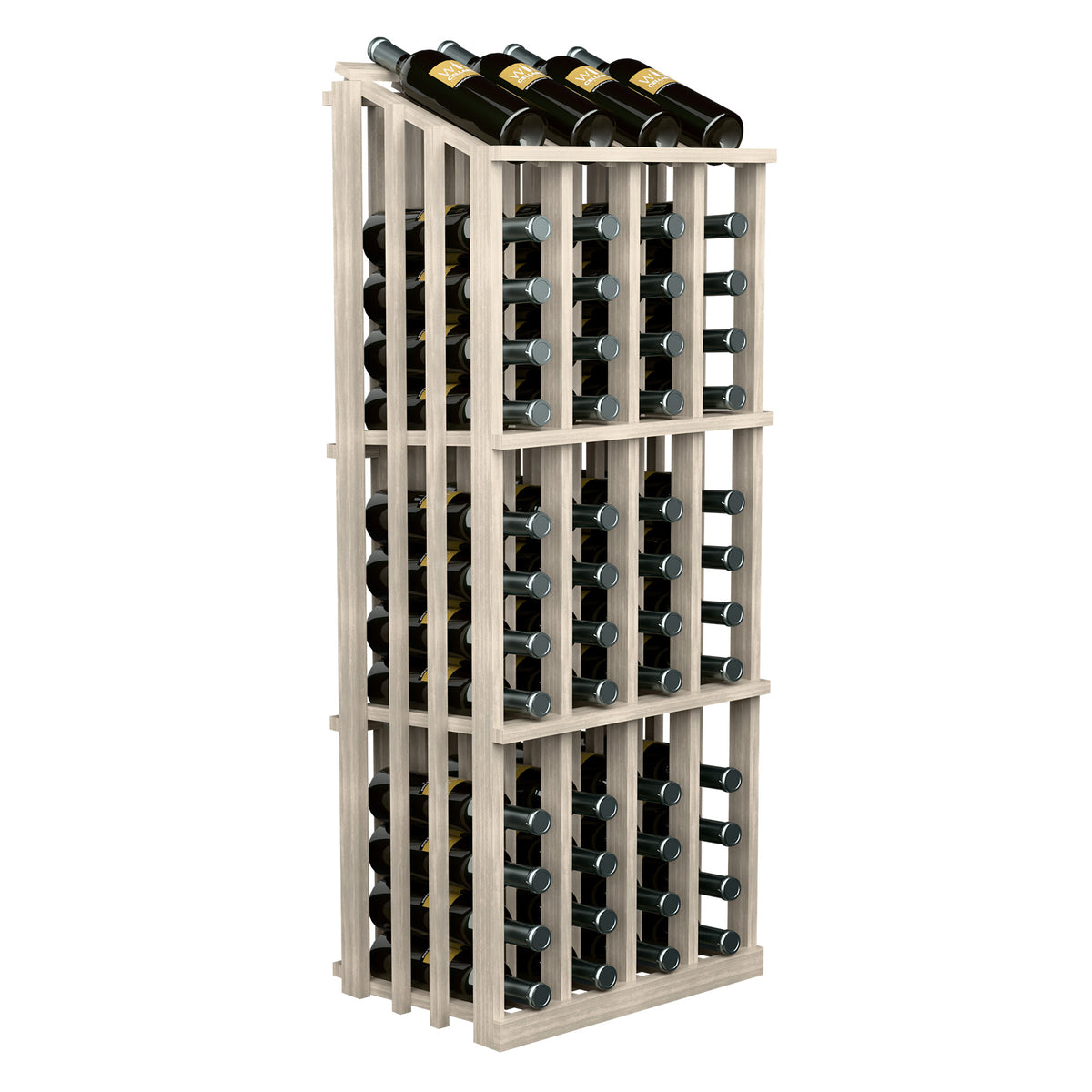 Light wood wine bottle display rack with 52 slots and top bottles on a wooden shelf