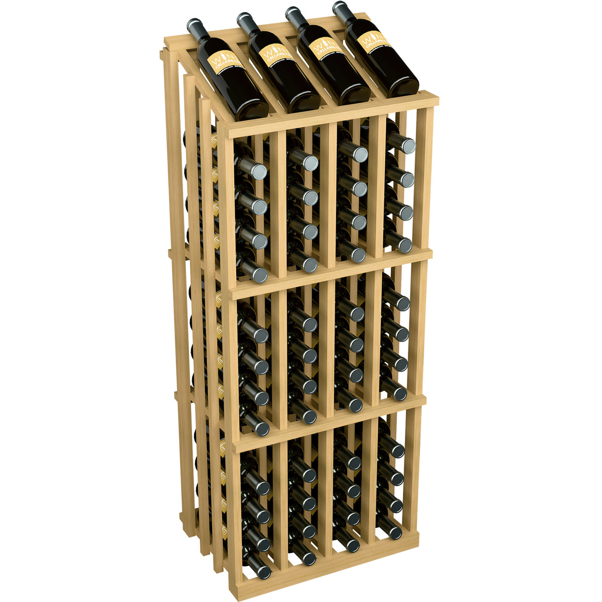 Light wood wine bottle rack front view showing four bottle necks on top and rows below