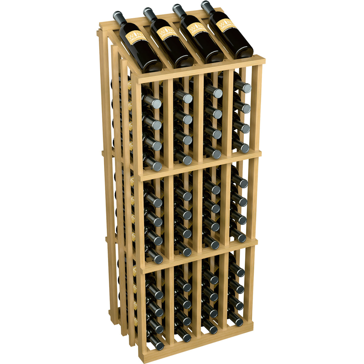 Golden wood wine bottle display rack with 52 slots and metal bottle holders
