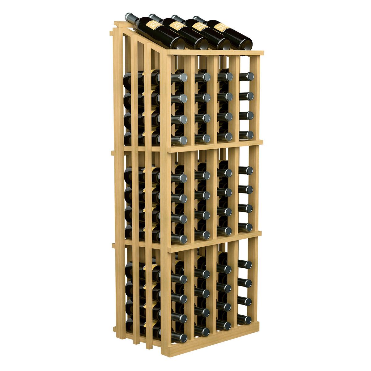 Light wood wine bottle display rack with 52 slots, front metal bottle holders