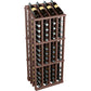Wood wine bottle display rack with 52 slots, dark red frame and circular bottle holder inserts.