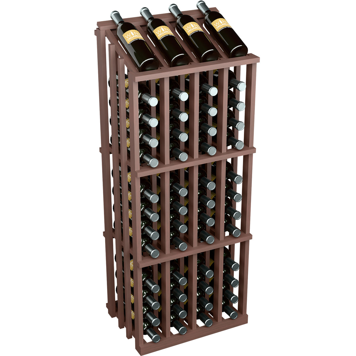 Wood wine bottle display rack with 52 slots, dark red frame and circular bottle holder inserts.