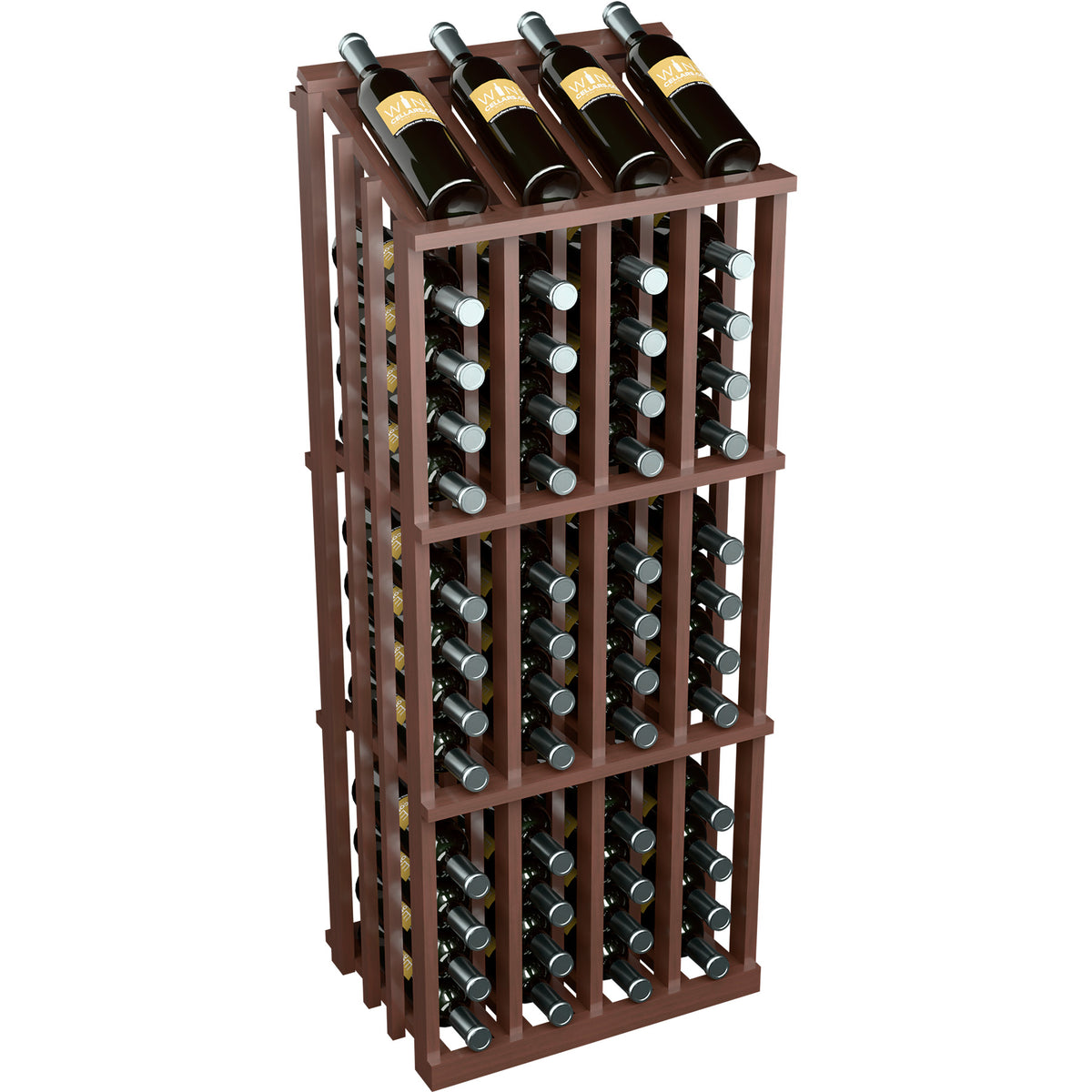 Dark wood wine bottle display rack with 52 slots and metal bottle holders