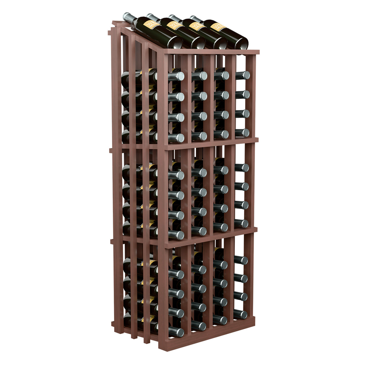 Wine bottle display rack with 52 slots, dark brown wood, front view.