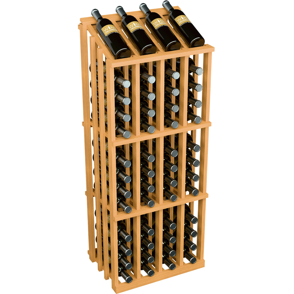 Wine bottle display rack with dark bottles in a reddish wood frame and metal bottle cradles.