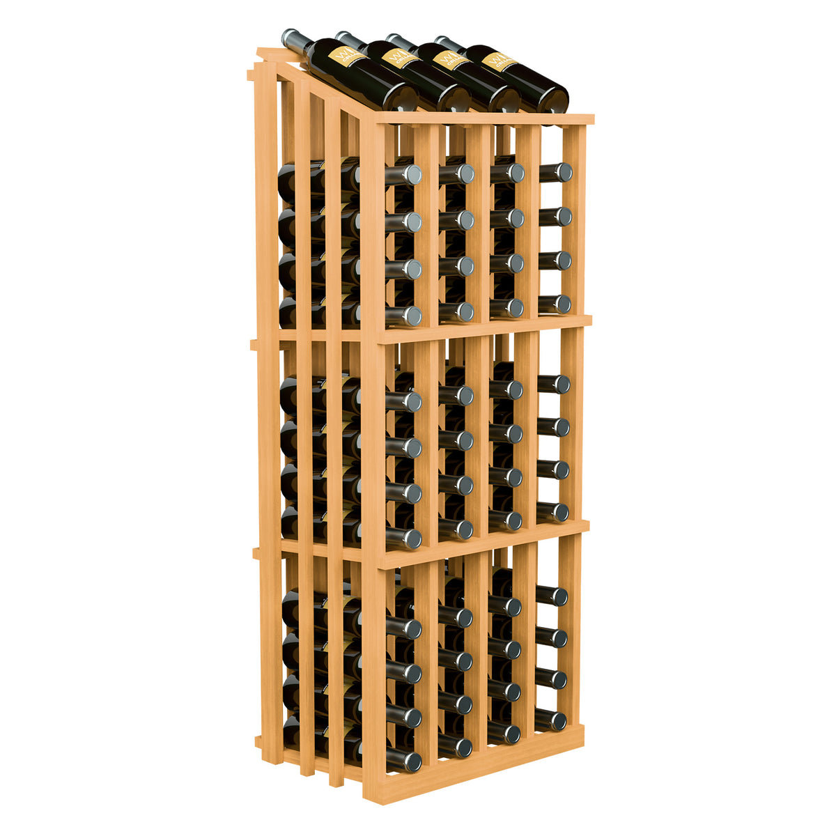 Light wood wine bottle rack angled view with open slat frame and bottle rows