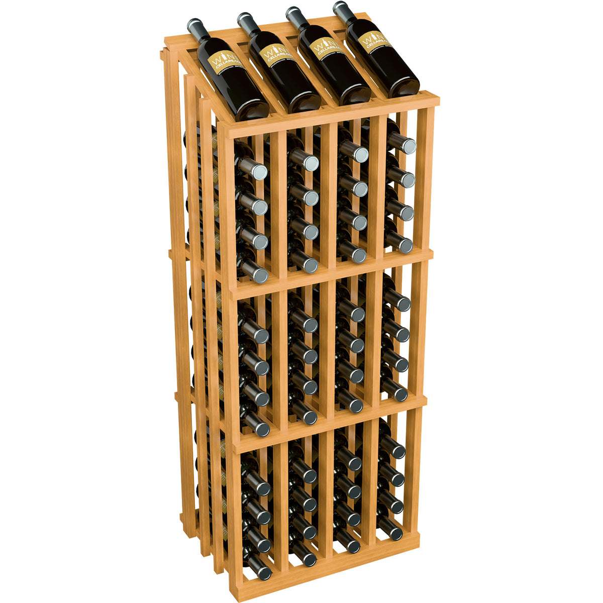 Wine bottle display rack with 52 slots, light natural wood, angled front view.