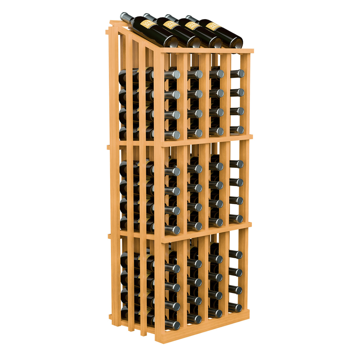 Wine bottle display rack with 52 slots, light wood, front view with bottles on top.