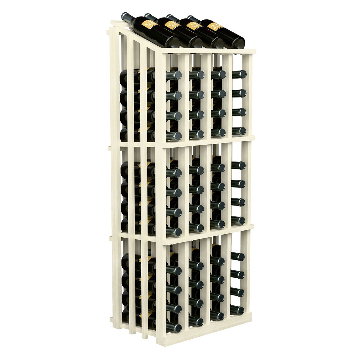 Wine bottle display rack with 52 slots, white-painted wood, angled front view.