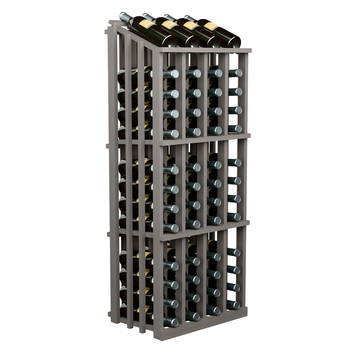 Wood wine bottle display rack with 52 slots, dark gray frame and bottle holders