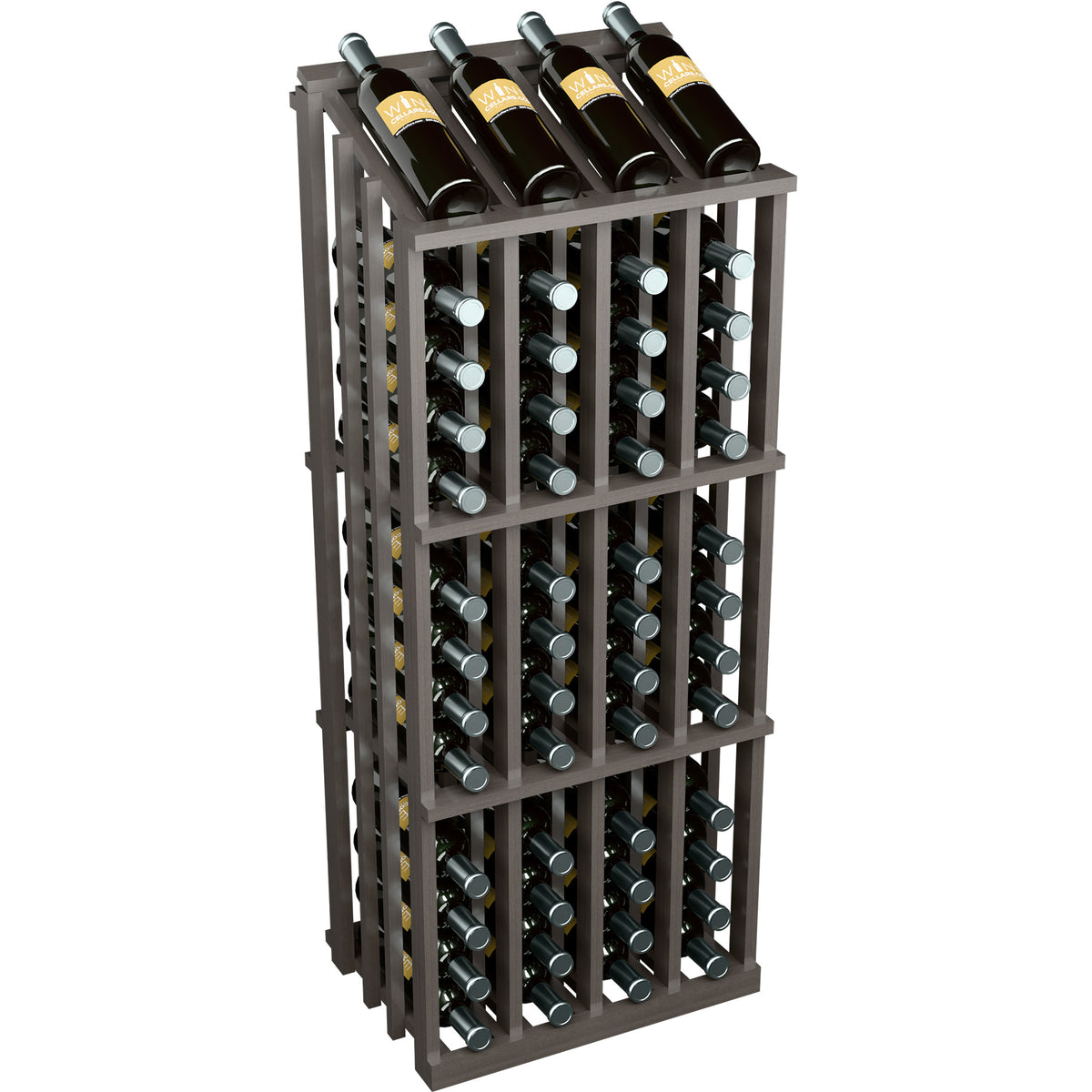 Wine bottle display rack with 52 slots, dark gray wood, angled side view.