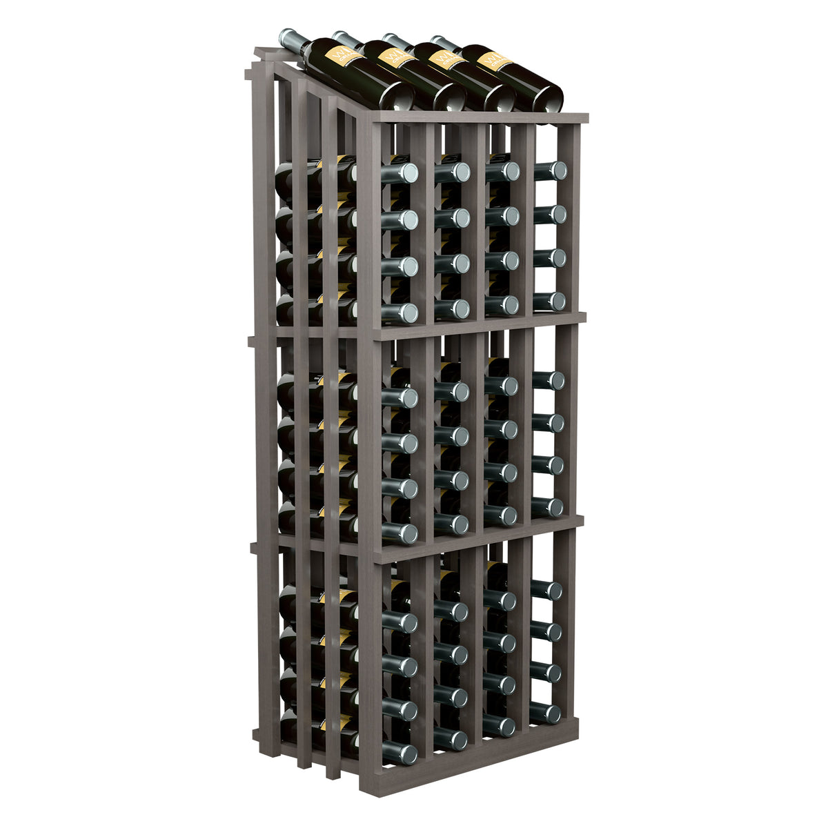 Wine bottle display rack with 52 slots, dark gray wood, front view.