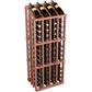 Wine bottle display rack with dark bottles in a cherry-toned wood frame and metal holders.
