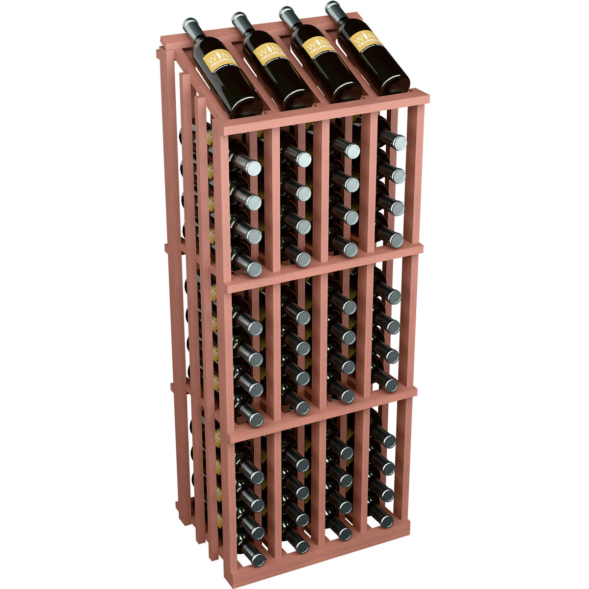 Wine bottle display rack with dark bottles in a cherry-toned wood frame and metal holders.