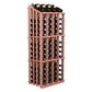 Reddish wood wine bottle display rack with multiple bottle rows and slatted sides