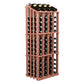 Wine bottle display rack with 52 slots, reddish wood, front view with bottle rows.