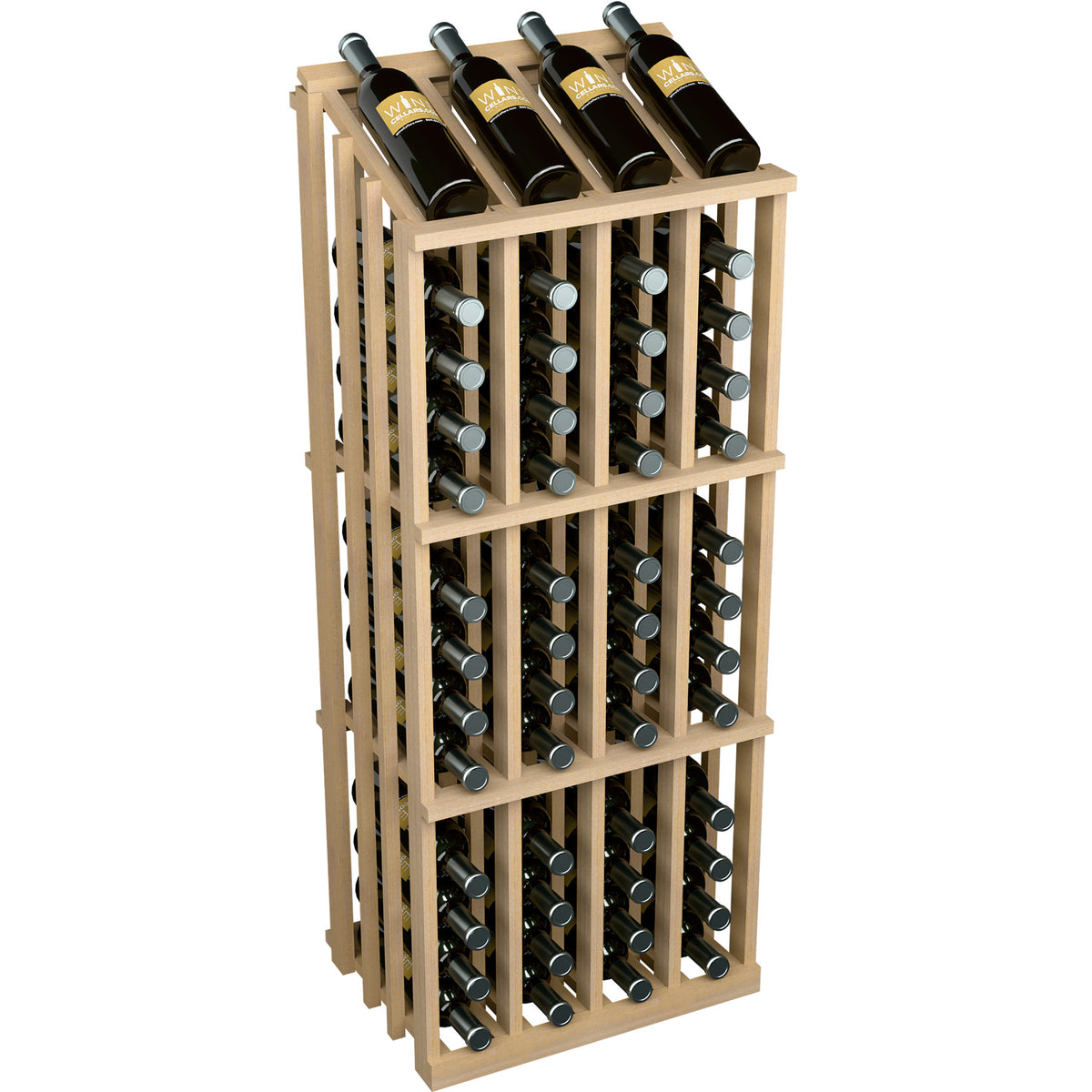 Light tan wood wine bottle display rack with 52 bottle slots and dark bottles