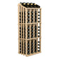 Light wood wine bottle display rack with slatted back and bottle storage grid