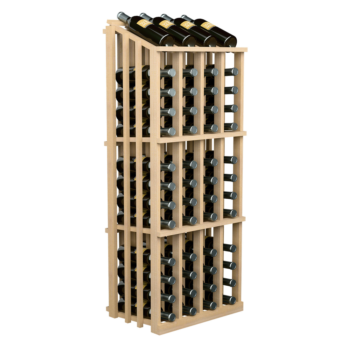 Light wood wine bottle display rack with slatted back and bottle storage grid