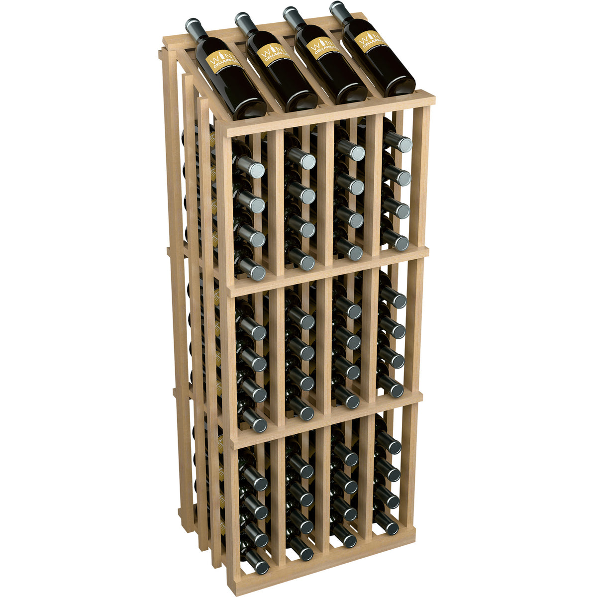 Wine bottle display rack with 52 slots, light wood, angled front view with top bottles.