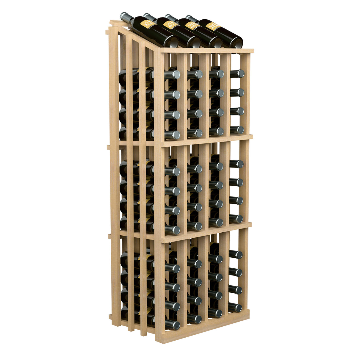 Light wood wine bottle display rack with vertical slots and 52 bottles