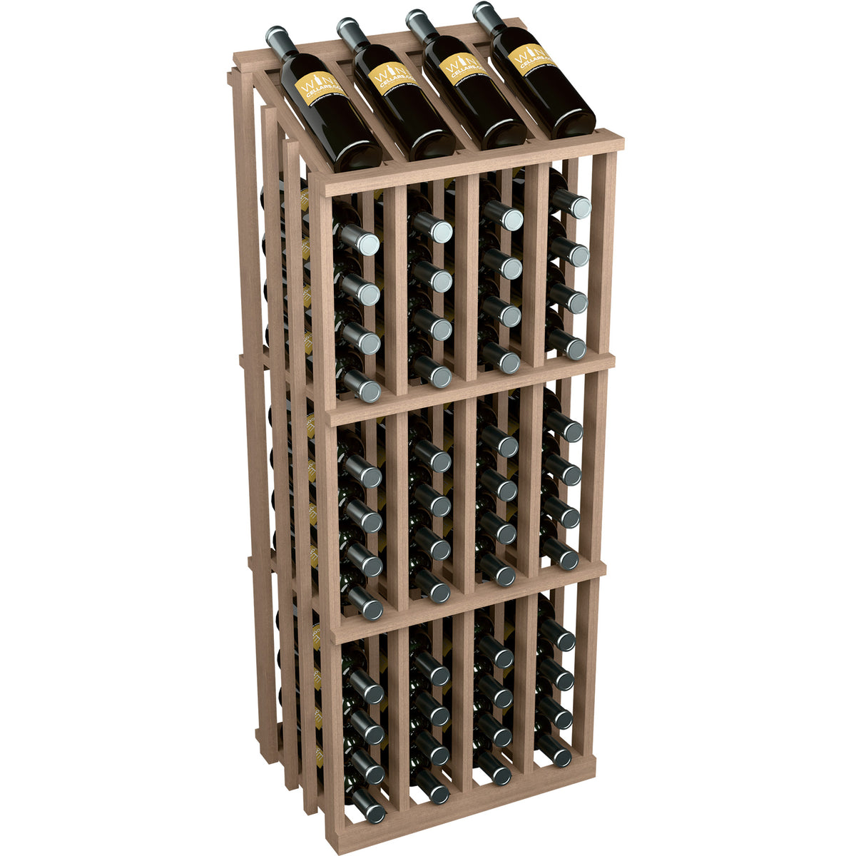 Light wood wine bottle rack front view with bottle necks at top and circular holders