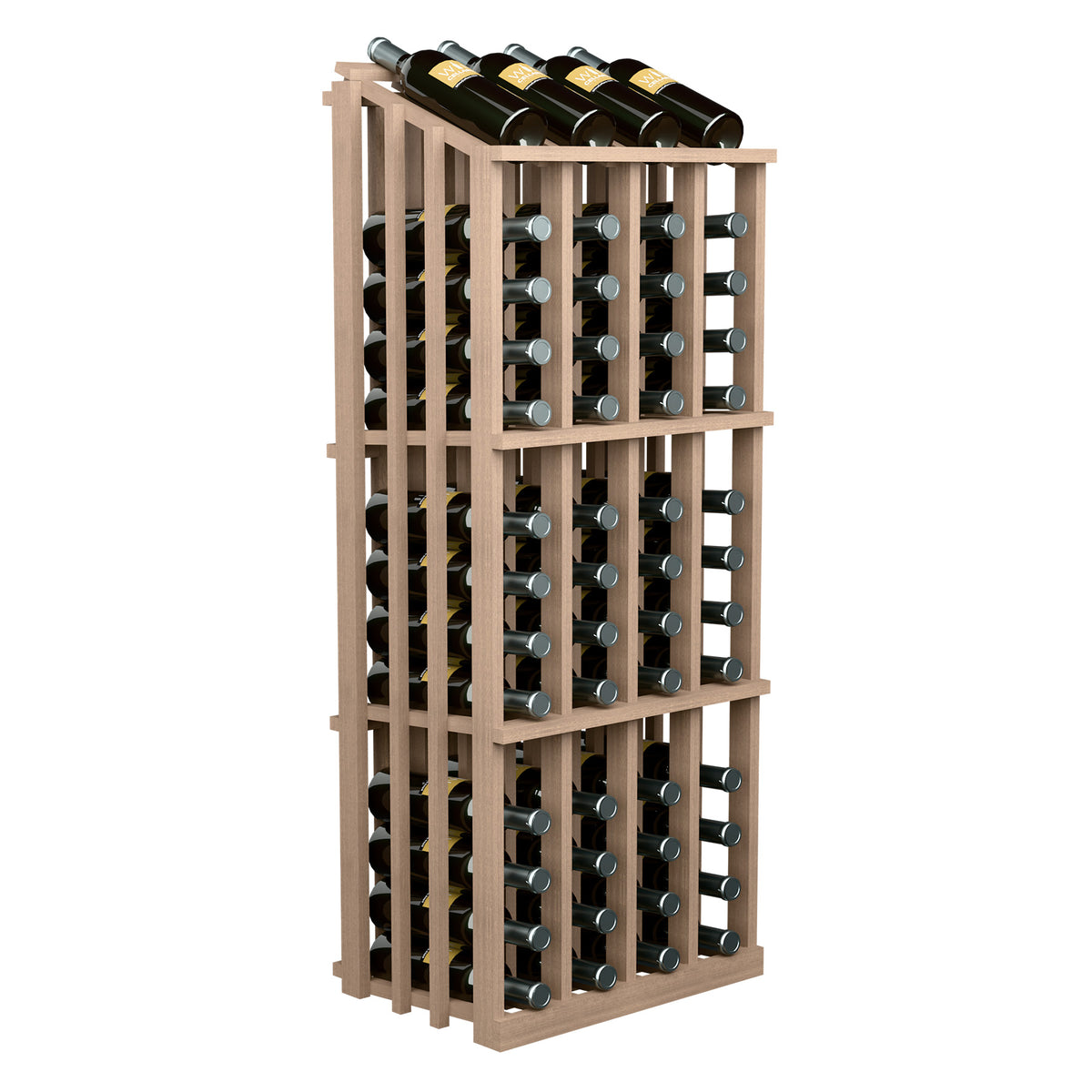 Light wood wine bottle display rack with bottle grid and slatted front panels