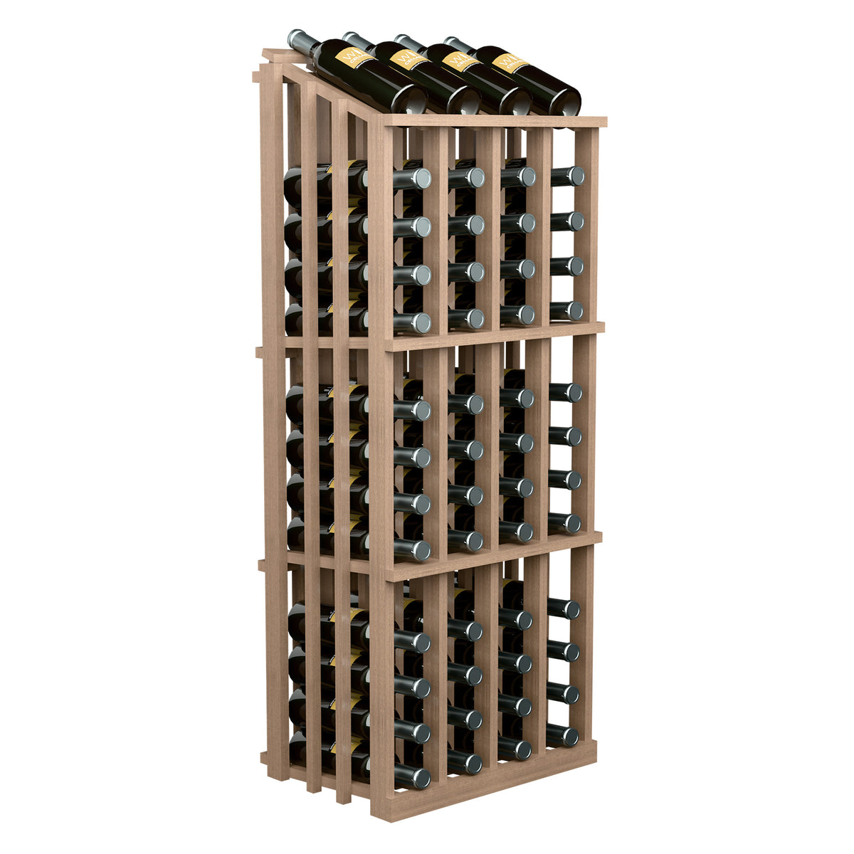 Commercial 52-bottle wine display rack with light wood frame and front bottle grid