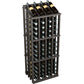 Black wine bottle display rack with glass holders and bottles on top