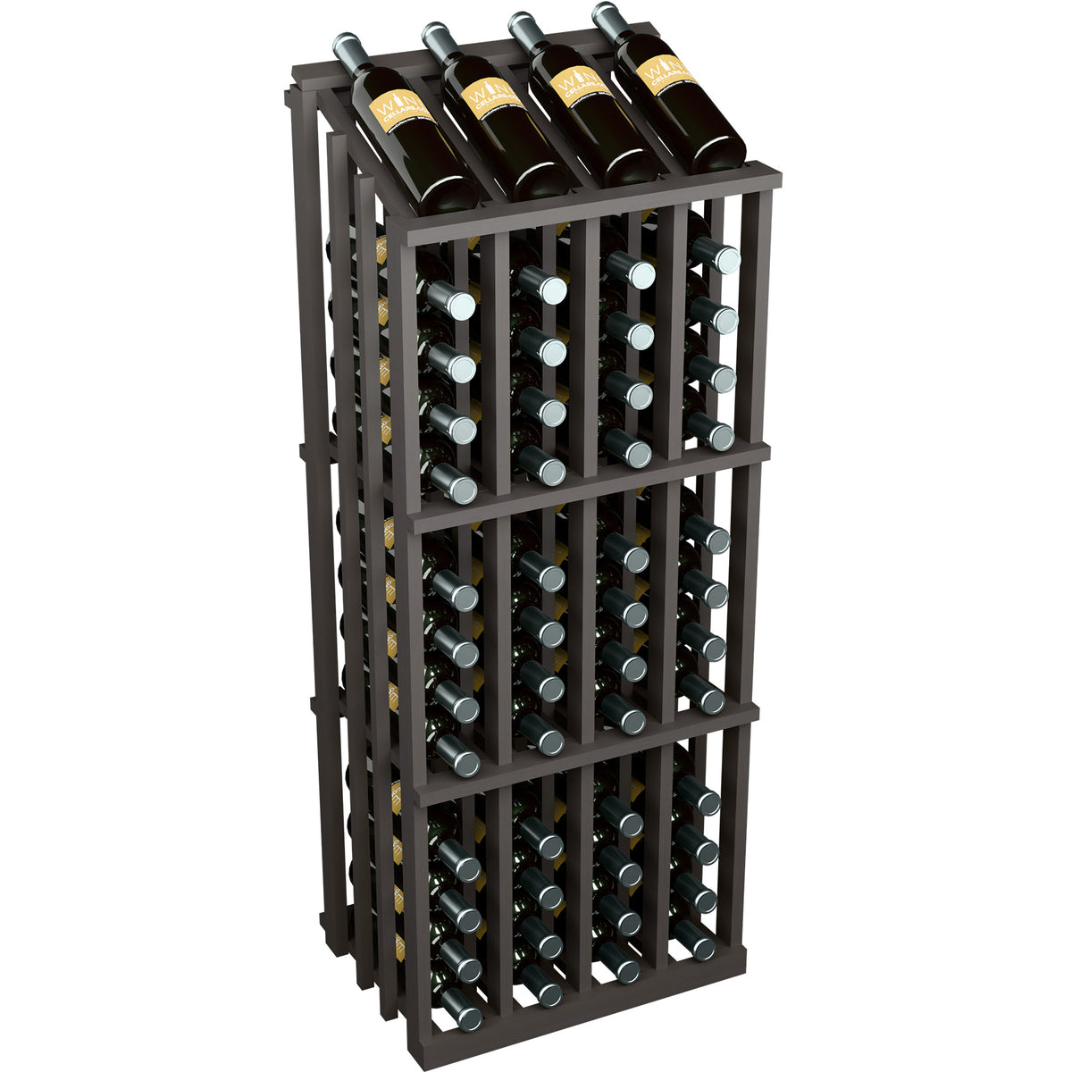 Black wine bottle display rack with glass holders and bottles on top