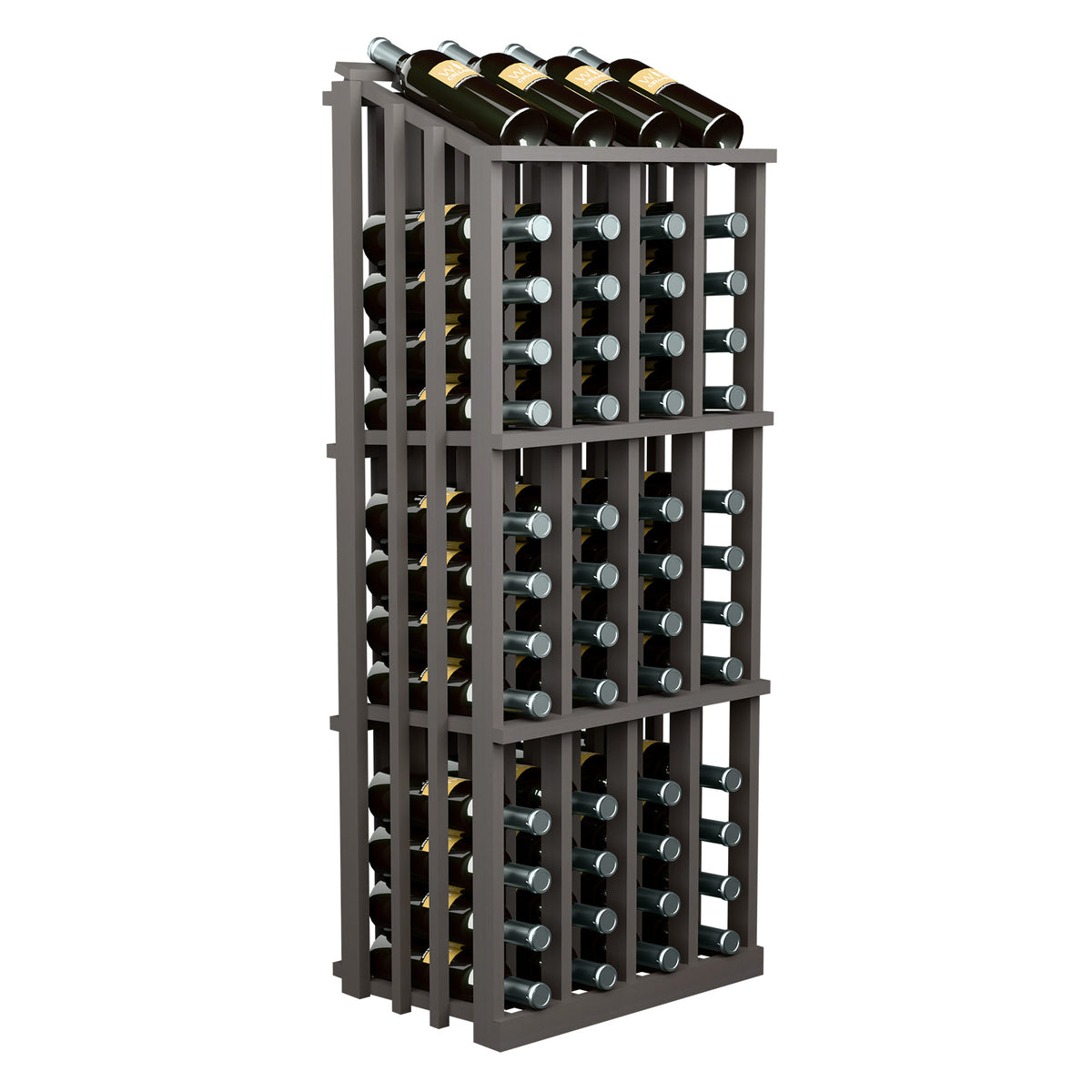 Wood wine bottle display rack with 52 bottle compartments, dark gray frame