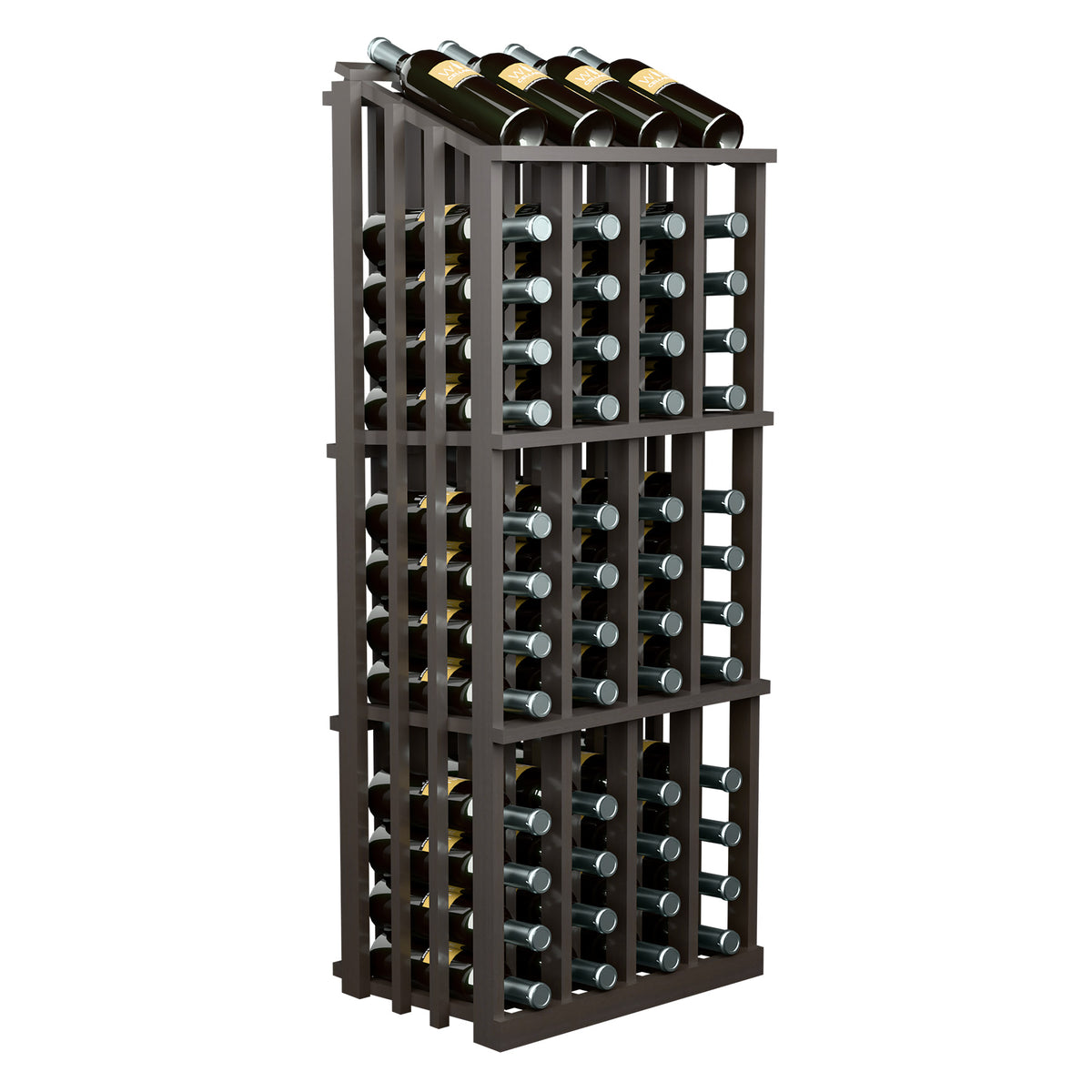 Commercial 52-bottle wine display rack with dark wood frame and front bottle slots