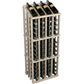 Light beige wood wine bottle display rack with 52 bottle slots and dark bottles