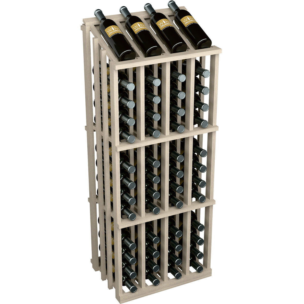 Light beige wood wine bottle display rack with 52 bottle slots and dark bottles