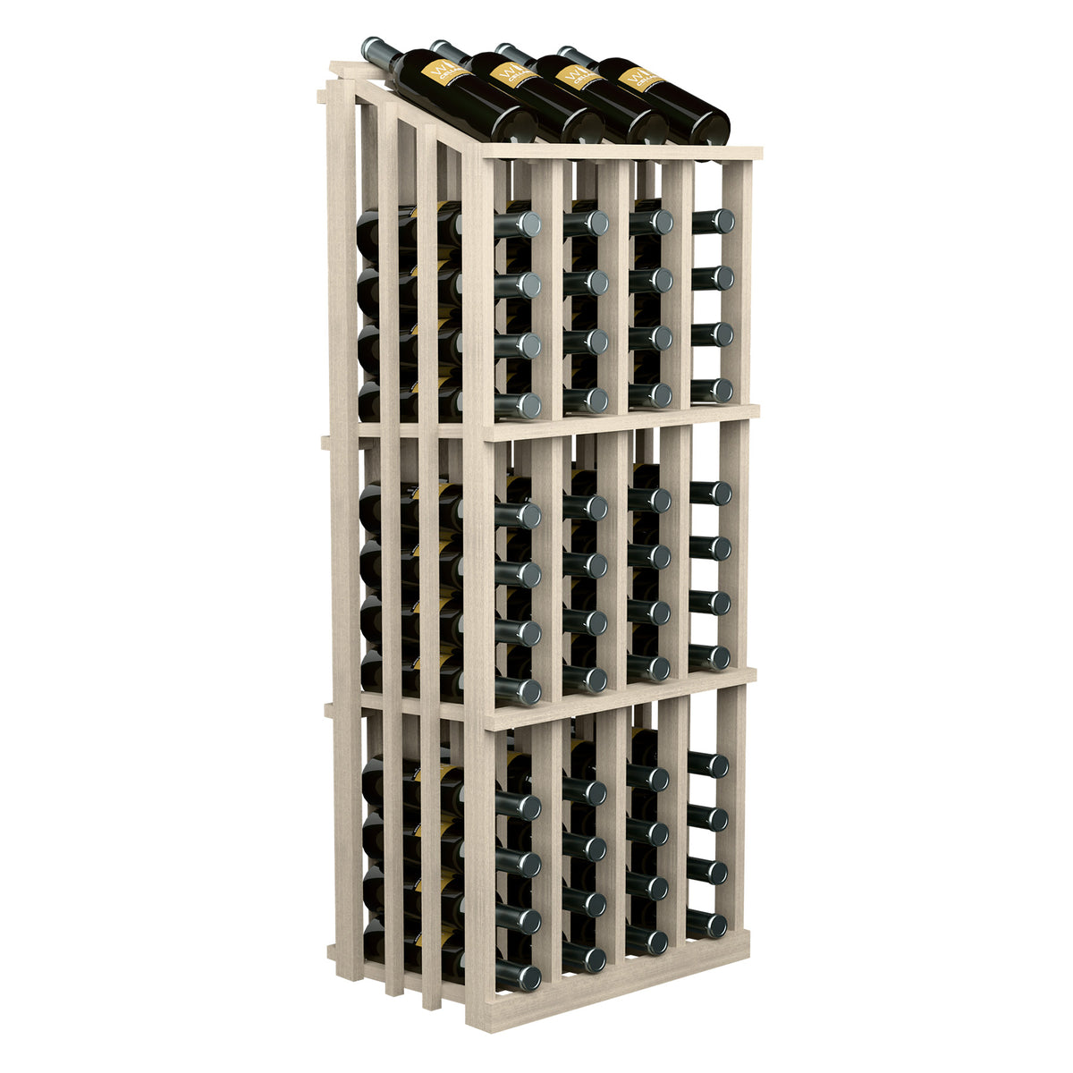 52-bottle wine display rack with circular bottle holders, light gray frame, bottles on top