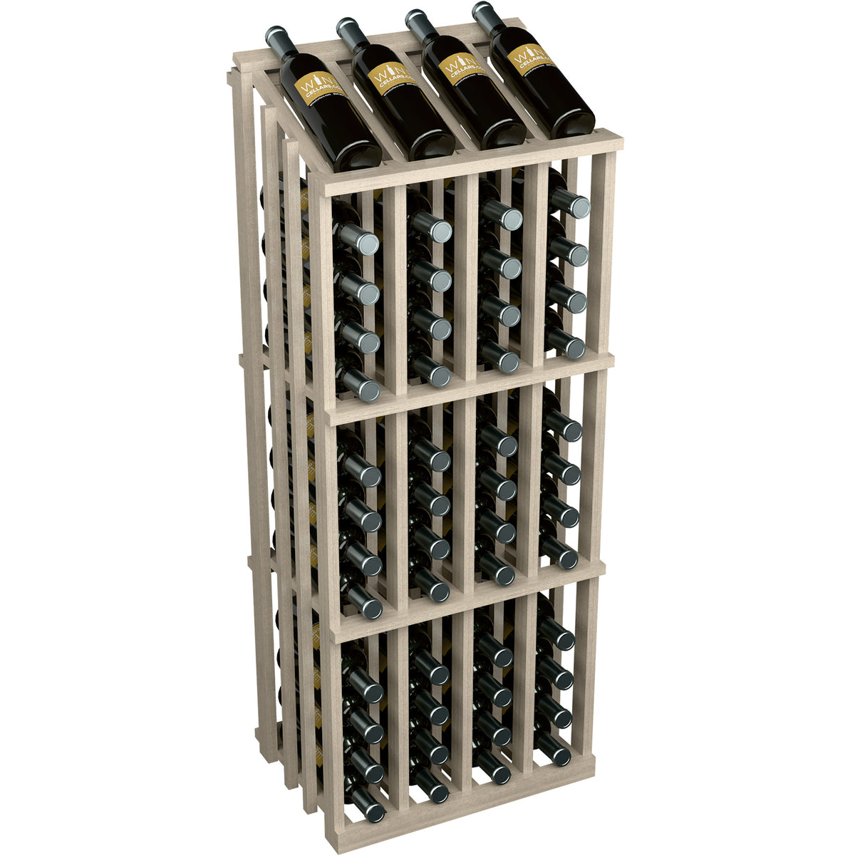 Commercial 52-bottle wine display rack with natural light wood finish and bottle rows