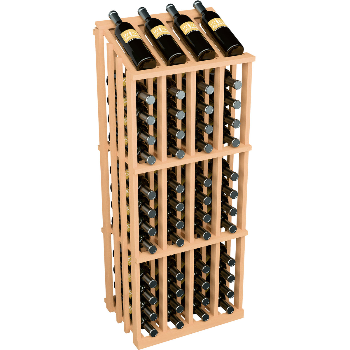 Wine bottle display rack with dark bottles in a natural wood frame and metal bottle holders.