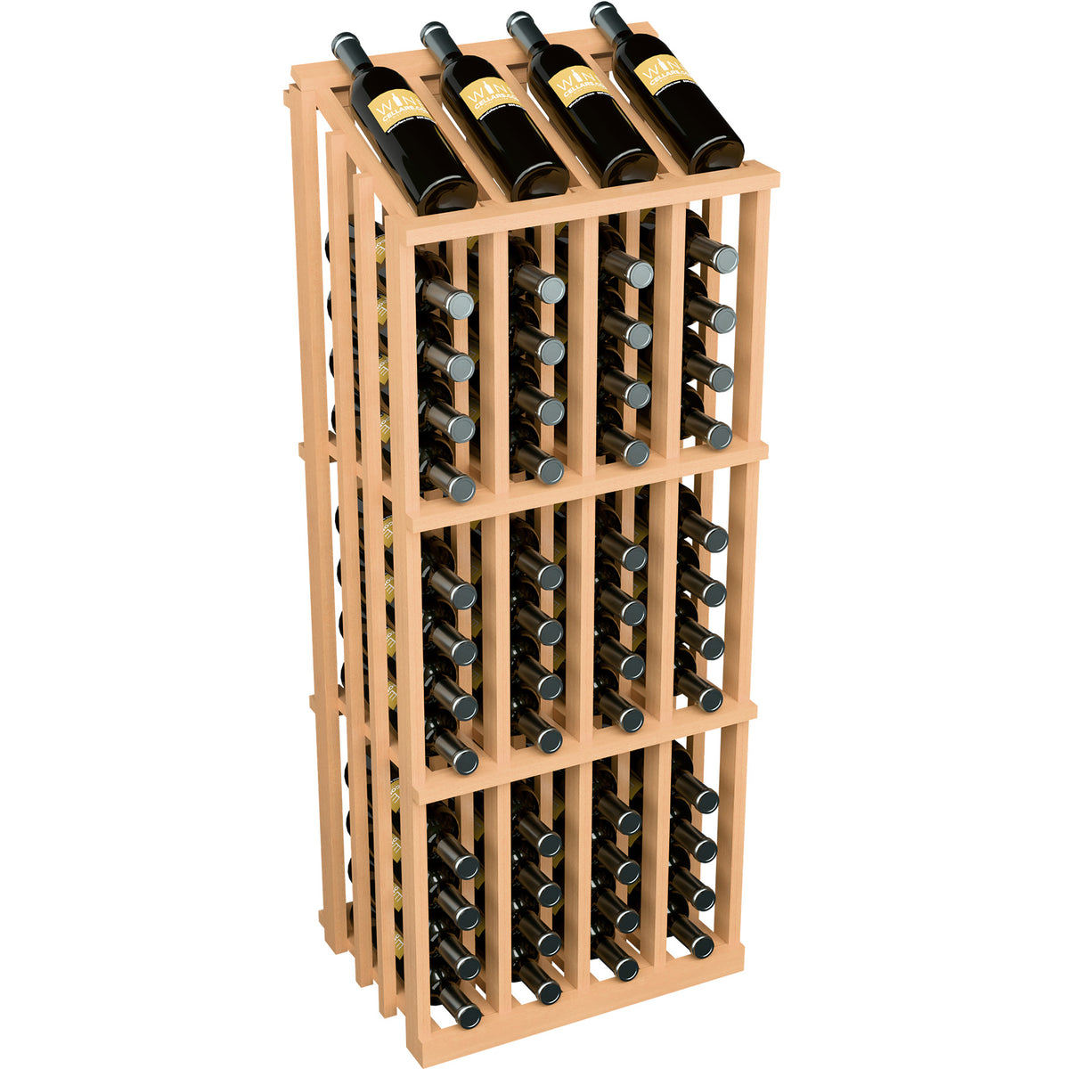 Natural wood wine bottle display rack holding 52 bottles with top row
