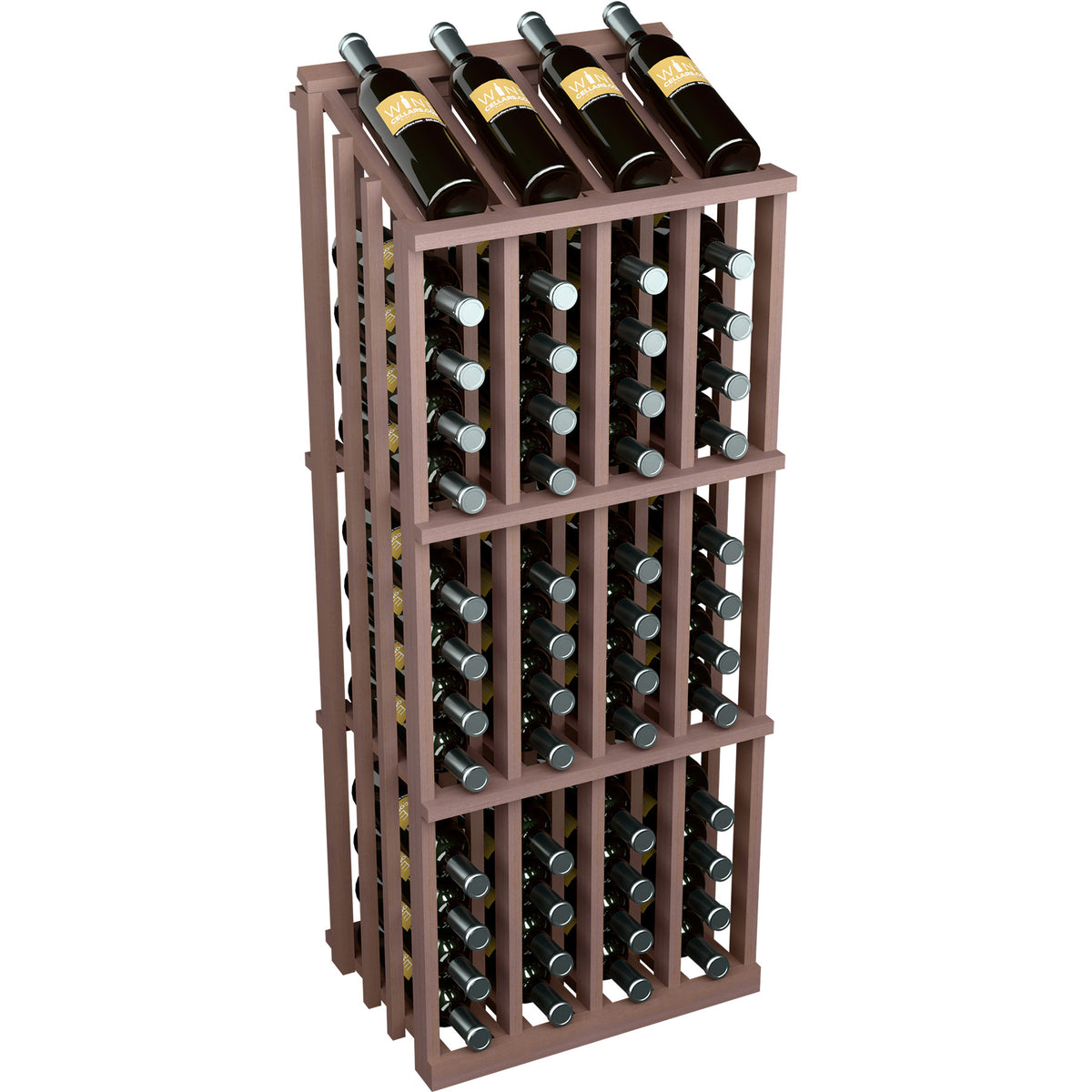 Red stained wood wine bottle display rack showing 52 bottle slots and dark bottles
