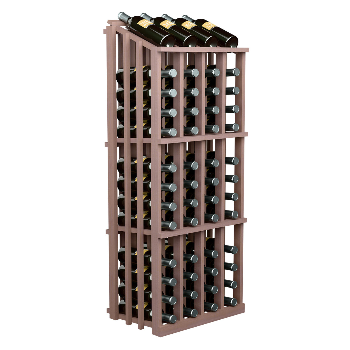 Wood wine bottle display rack with 52 slots, espresso brown frame and bottle holders